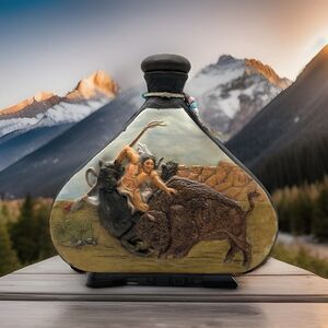 10” Tall X 10 1/2” Wide Native American Decanter Buffalo Ramming Horse